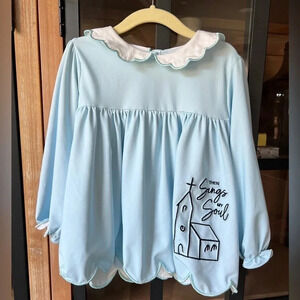 Church Smocked Embroidered dress top long sleeve Peter Pan collar toddler girl